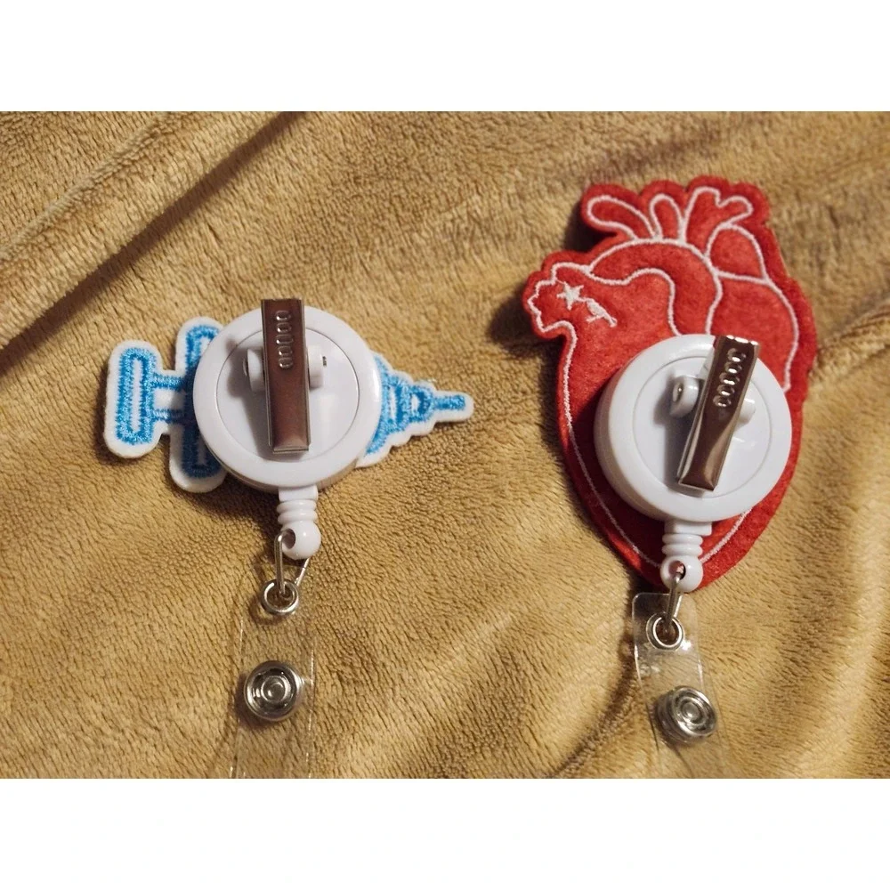 Cute Handmade Felt Heart and Shot Medical Staff Retractable Badge Reels 2 pack